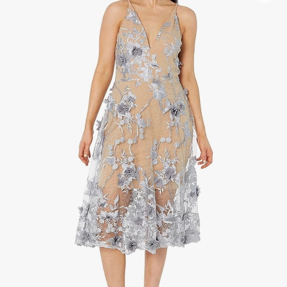 Dress the Population Women's Audrey Spaghetti Strap MIDI A-LINE 3D Floral Dress